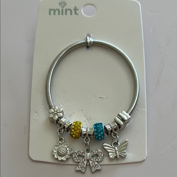 Silver Charm Bracelet with Yellow & Blue, Sunflower, Butterfly, Bow Accents NEW - Picture 7 of 7